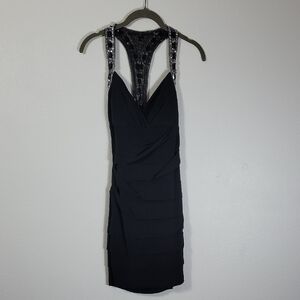 Y2K City Triangle Mini Bodycon Dress Size S Black Sequin Open Back Ruched Formal